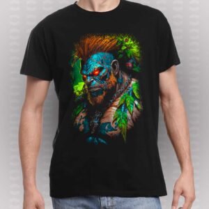 Camiseta negra de Blanka Street Fighter con estampado artístico de alta definición, ideal para fanáticos de los videojuegos clásicos y la cultura gamer.