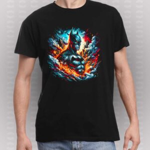 Camiseta negra con diseño artístico de Batman rodeado de fuego, humo y efectos visuales en alta definición, ideal para fanáticos de DC Comics.