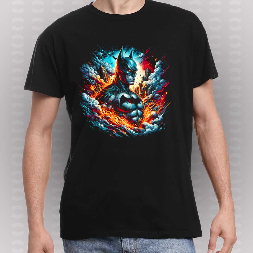 Camiseta negra con diseño artístico de Batman rodeado de fuego, humo y efectos visuales en alta definición, ideal para fanáticos de DC Comics.