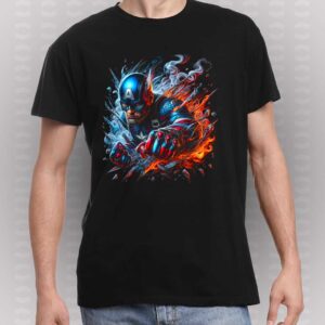 Camiseta negra de Capitán América con estampado de alta definición, efectos de fuego y humo, ideal para fanáticos de Marvel y los Vengadores.