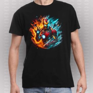 amiseta negra con diseño de Iron Man rodeado por efectos de fuego y hielo en impresión de alta definición, ideal para fanáticos de Marvel y los superhéroes.