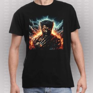 Camiseta negra de Lobezno (Wolverine) con estampado de alta definición de fuego, relámpagos y garras de adamantium, ideal para fans de Marvel.