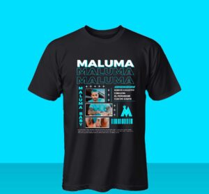 Camiseta Maluma con diseño vintage, fotografías del cantante colombiano y referencias a algunas de sus canciones más conocidas.