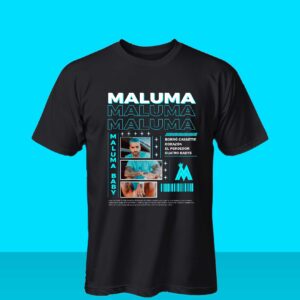 Camiseta Maluma con diseño vintage, fotografías del cantante colombiano y referencias a algunas de sus canciones más conocidas.