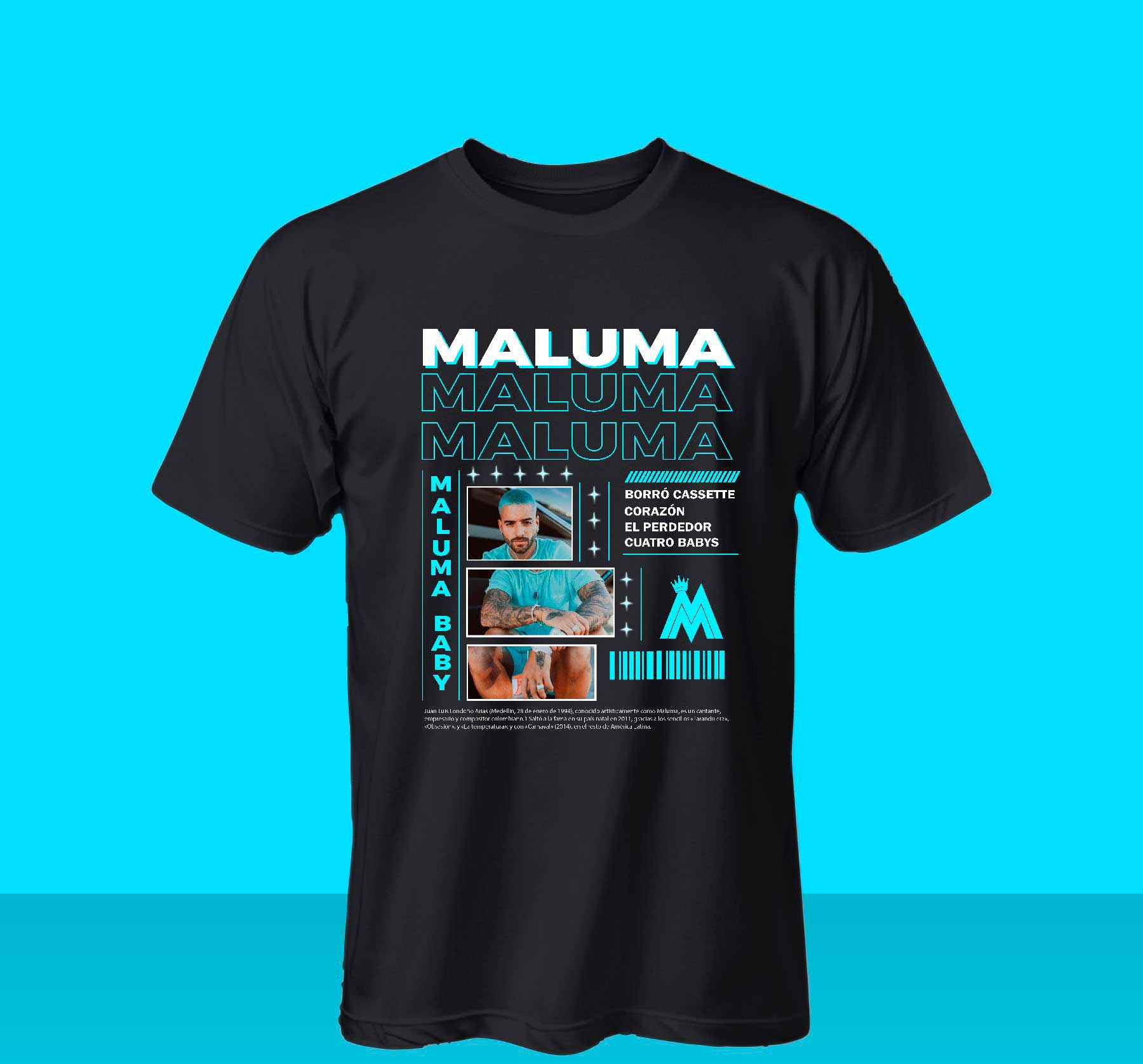 Camiseta Maluma con diseño vintage, fotografías del cantante colombiano y referencias a algunas de sus canciones más conocidas.
