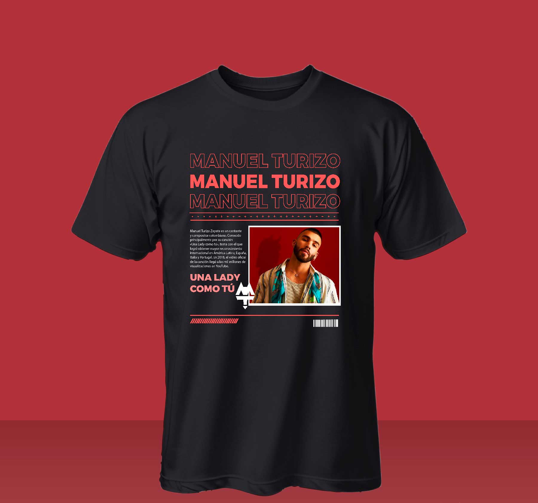 Camiseta Manuel Turizo con diseño vintage, fotografía del cantante colombiano y referencia a la canción Una Lady Como Tú.