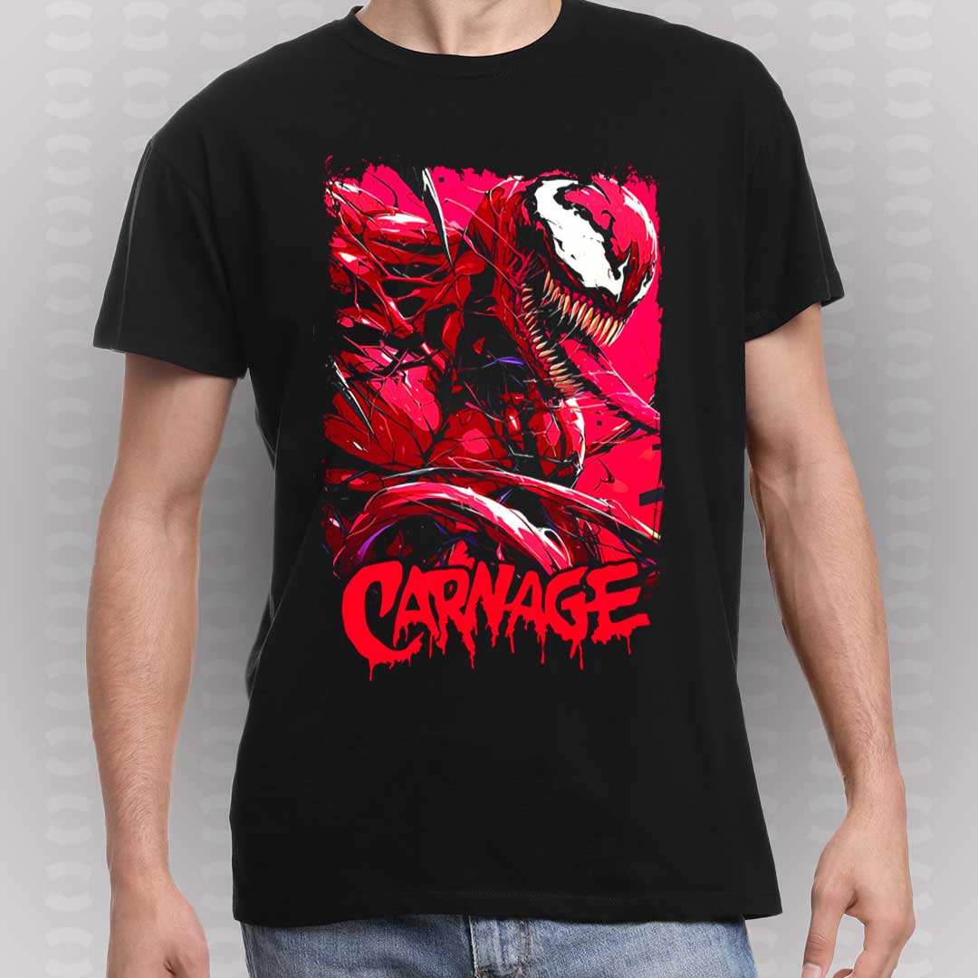 Camiseta negra de Carnage con estampado de alta definición en tonos rojos y negros, ideal para fanáticos de Marvel, los simbiontes y la cultura geek.