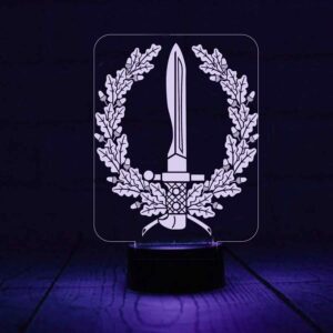 Lámpara LED de los GOE grabada en metacrilato con el emblema de los Grupos de Operaciones Especiales del Ejército de Tierra, iluminación RGB y mando a distancia.