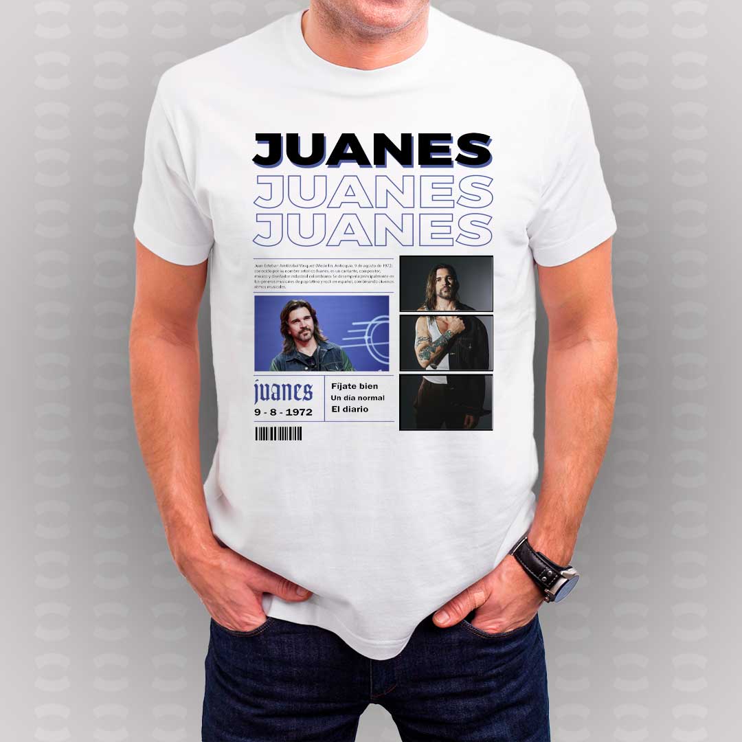 Camiseta blanca de Juanes con diseño vintage, fotografías del cantante colombiano y referencias a sus álbumes y canciones más populares.