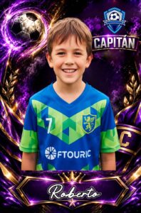 Cromo de fútbol personalizado, diseño Capitán en morado y dorado