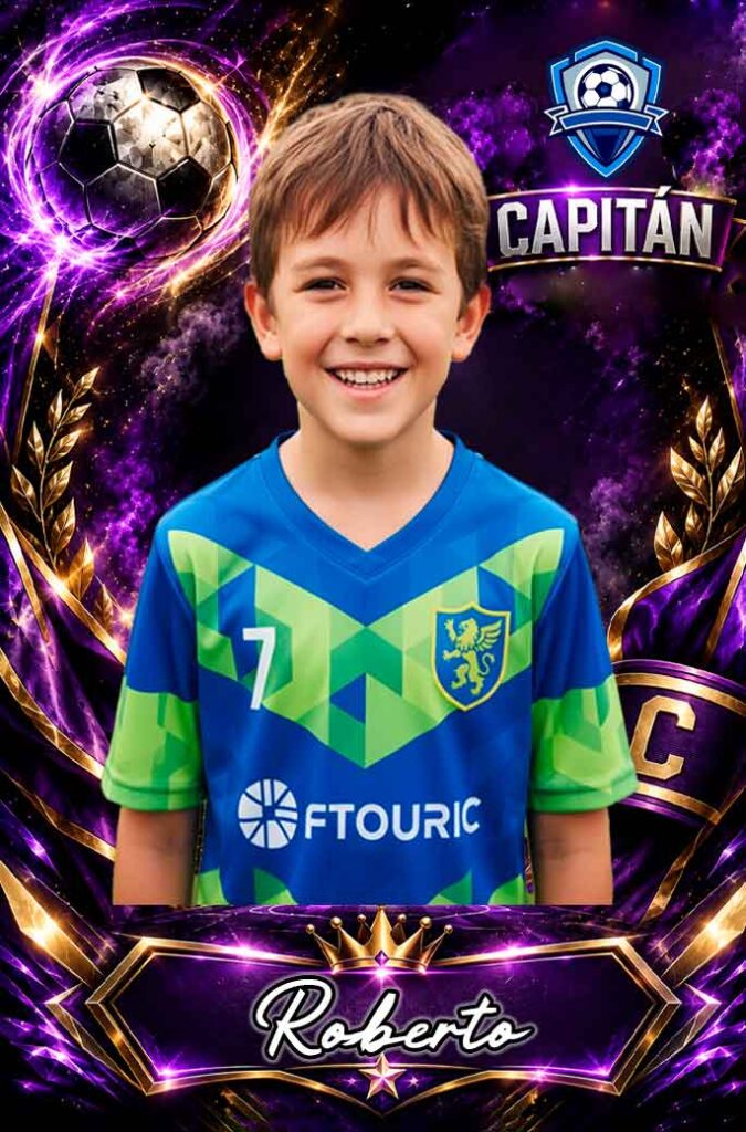 Cromo de fútbol personalizado de capitán, en tonos morados y dorados