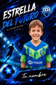 Cromo de fútbol personalizado, diseño Estrella del futuro en azul