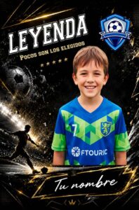 Cromo de fútbol personalizado, diseño Leyenda en dorado, blanco y negro