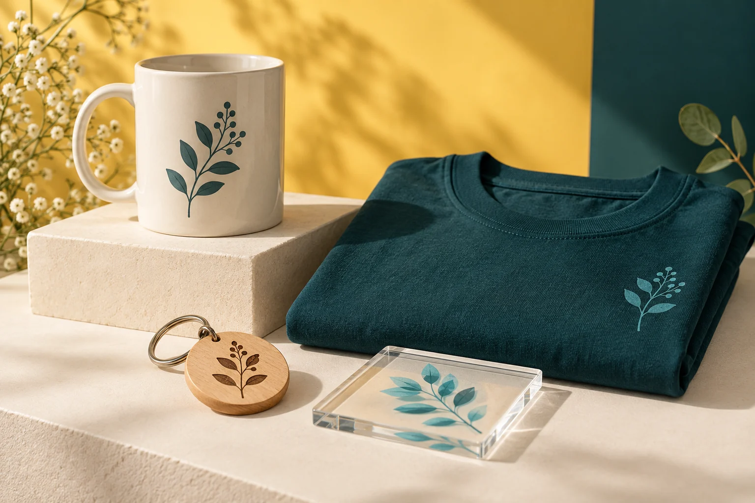 Escena ilustrativa de taza, camiseta, llavero y soporte con un motivo botánico