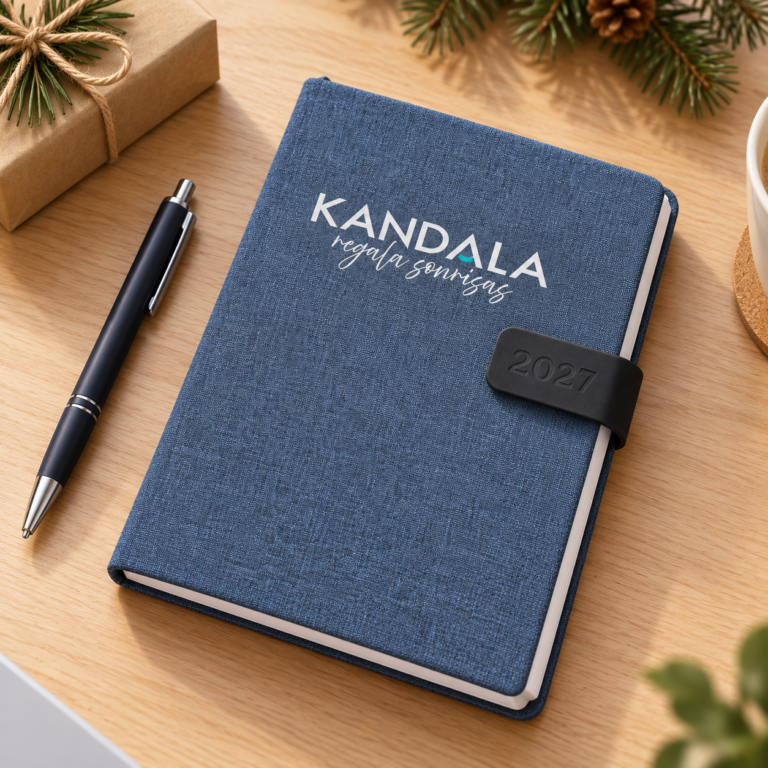 Agenda 2027 A5 personalizada con logo con el logotipo de Kandala en contexto de regalo de empresa