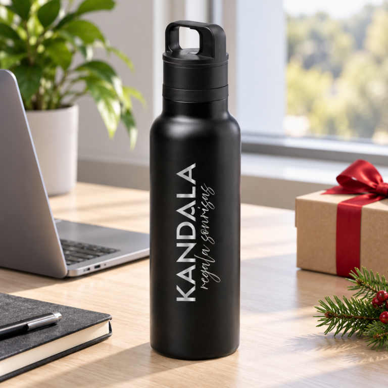 Bidón térmico de acero 750 ml personalizado con el logotipo de Kandala en contexto de regalo de empresa