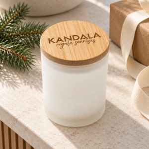 Vela aromática con tapa de bambú personalizada con el logotipo de Kandala en contexto de regalo de empresa
