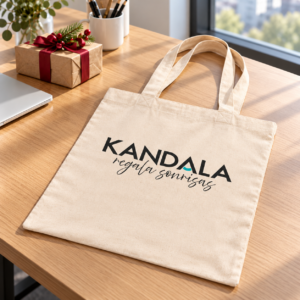 Bolsa de algodón 180 g personalizada con el logotipo de Kandala en contexto de regalo de empresa
