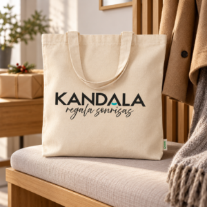 Bolsa de algodón orgánico 300 g personalizada con el logotipo de Kandala en contexto de regalo de empresa