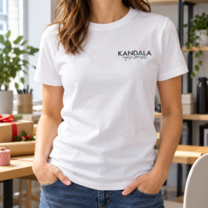Camiseta de algodón personalizada con logo con el logotipo de Kandala en contexto de regalo de empresa