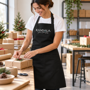 Delantal largo personalizado con logo con el logotipo de Kandala en contexto de regalo de empresa