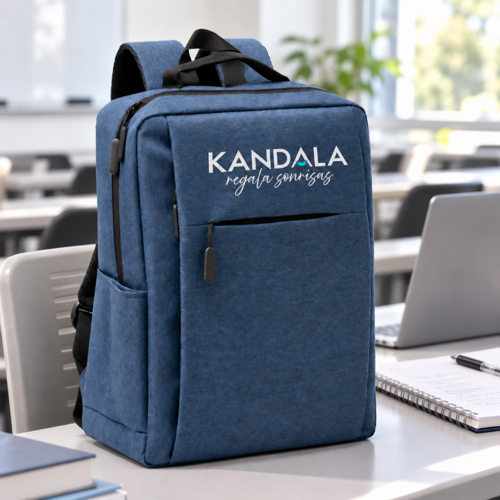 Mochila para portátil personalizada con el logo de Kandala en un aula