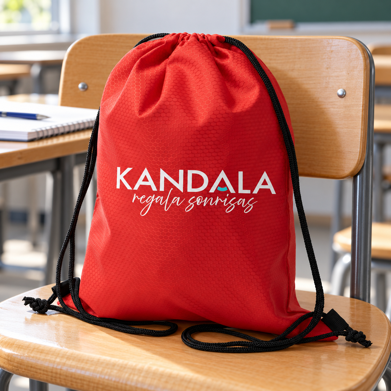 Mochila de cuerdas ripstop personalizada con el logotipo de Kandala en contexto de autoescuela o centro de formación.