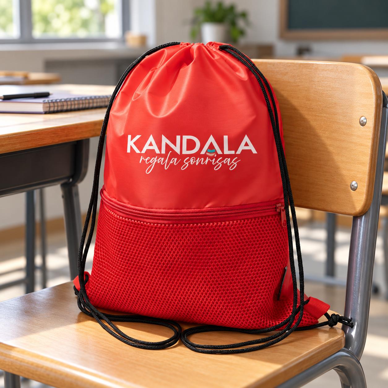 Mochila de cuerdas de RPET con bolsillo personalizada con el logotipo de Kandala en contexto de autoescuela o centro de formación.