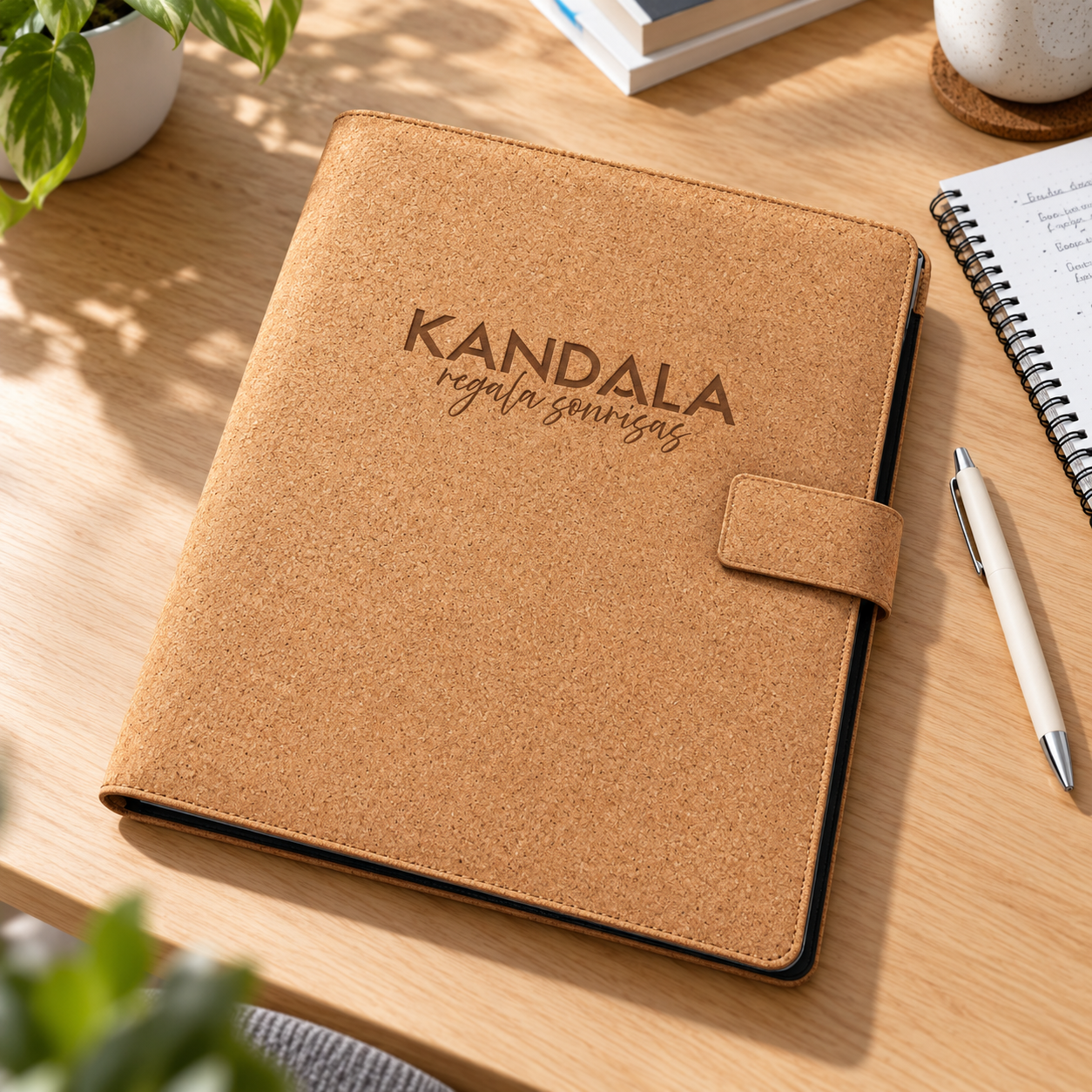 Carpeta portadocumentos A4 de corcho personalizada con el logotipo de Kandala en contexto de autoescuela o centro de formación.