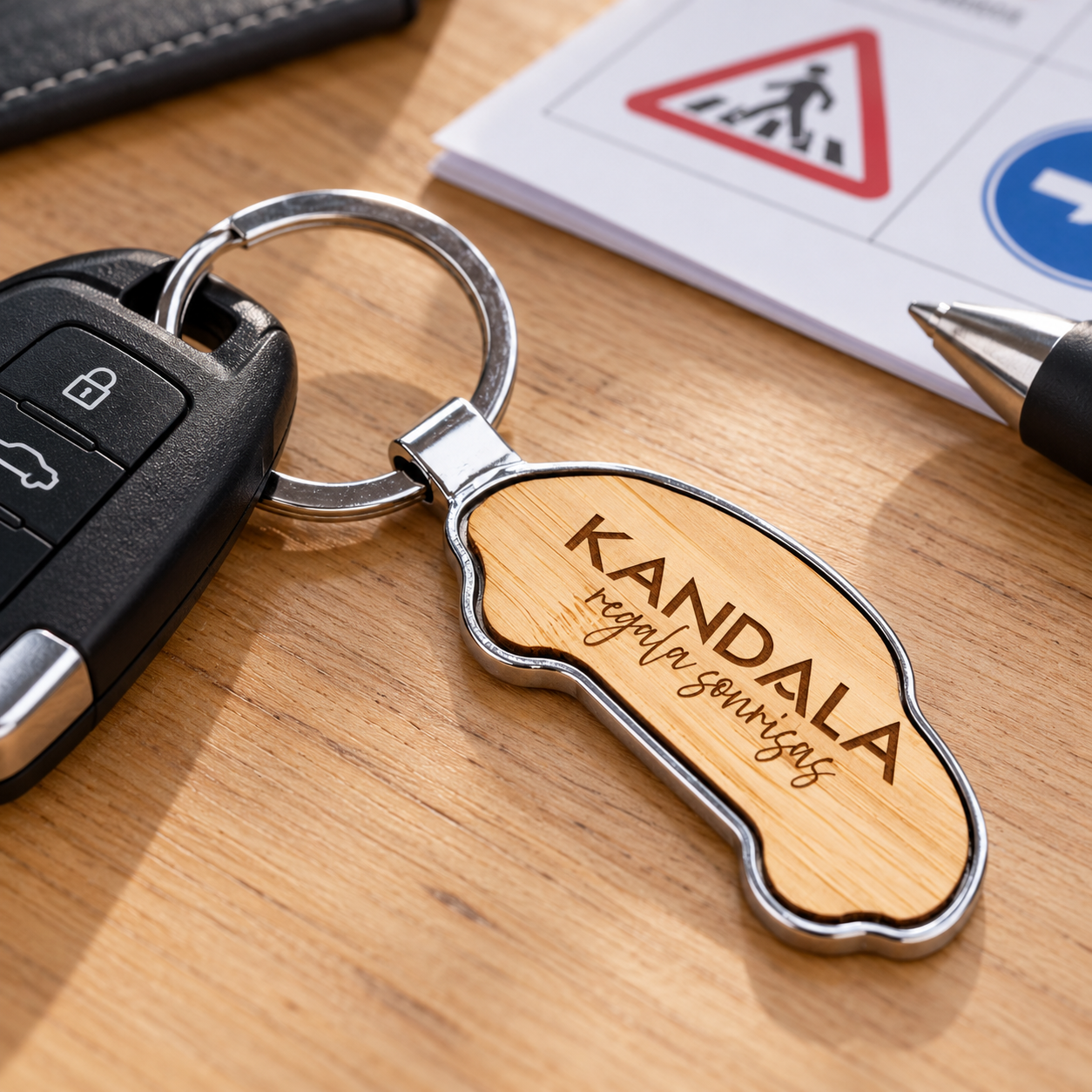 Llavero de coche de bambú personalizado con el logotipo de Kandala en contexto de autoescuela o centro de formación.