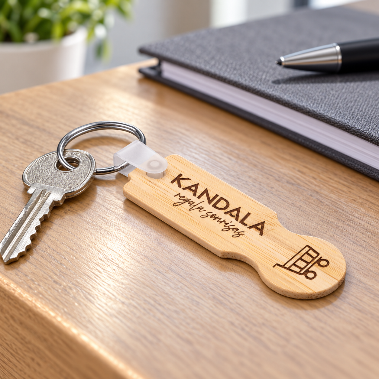 Llavero con moneda para carro personalizado con el logotipo de Kandala en contexto de autoescuela o centro de formación.