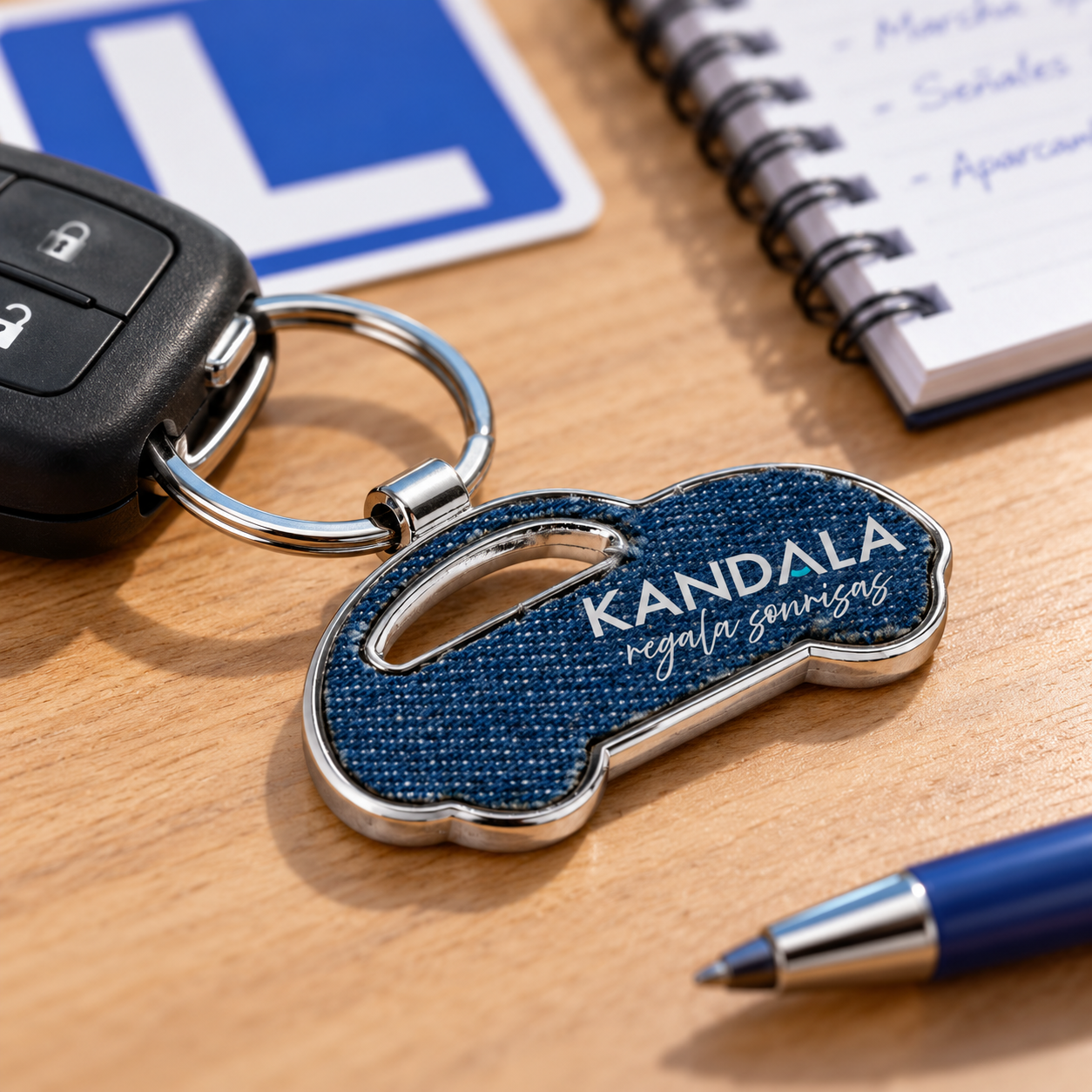 Llavero de coche de tela vaquera personalizado con el logotipo de Kandala en contexto de autoescuela o centro de formación.