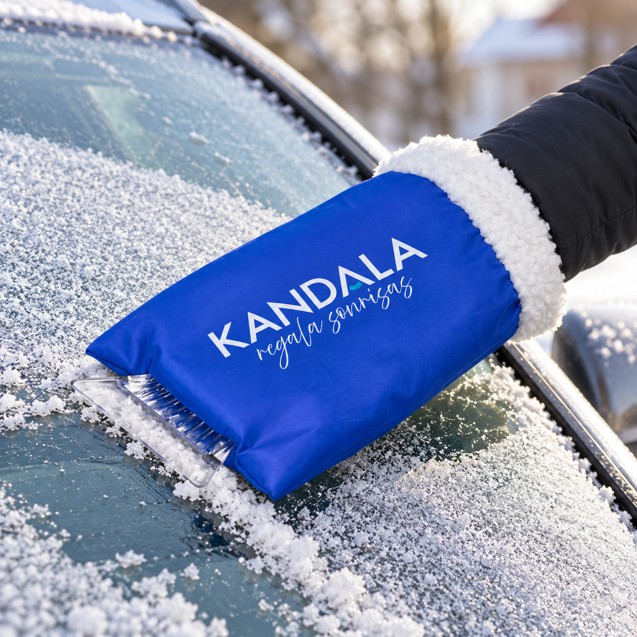 Rascador de hielo con manopla personalizado con el logotipo de Kandala en contexto de autoescuela o centro de formación.
