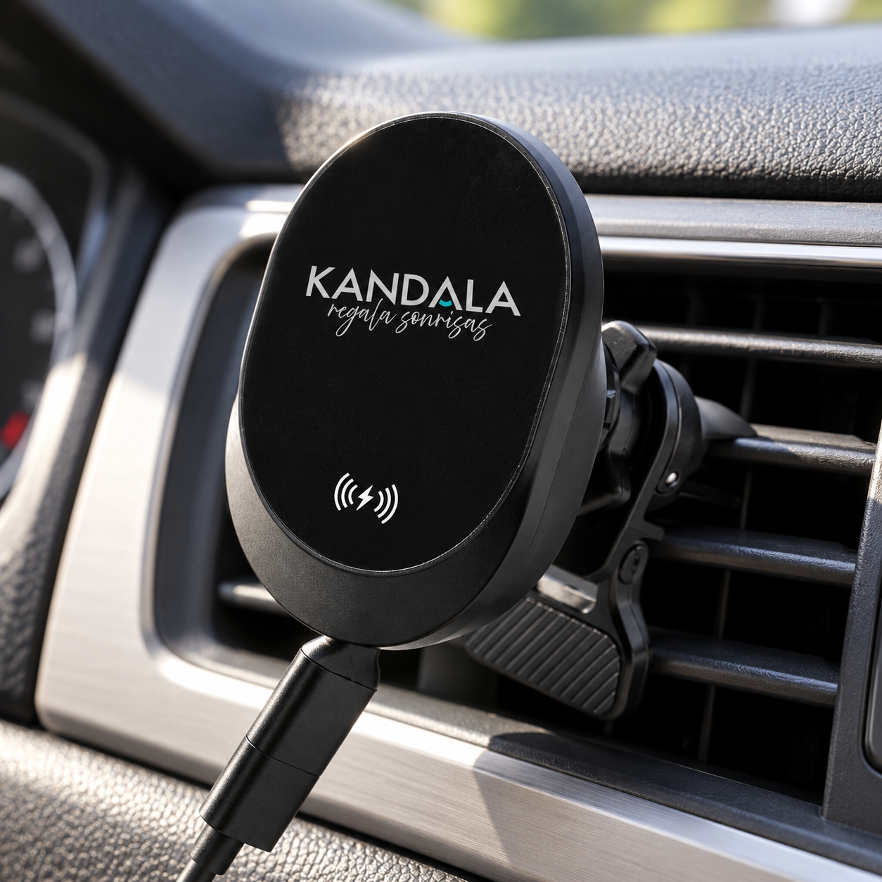 Soporte de móvil para coche con carga inalámbrica personalizado con el logotipo de Kandala en contexto de autoescuela o centro de formación.