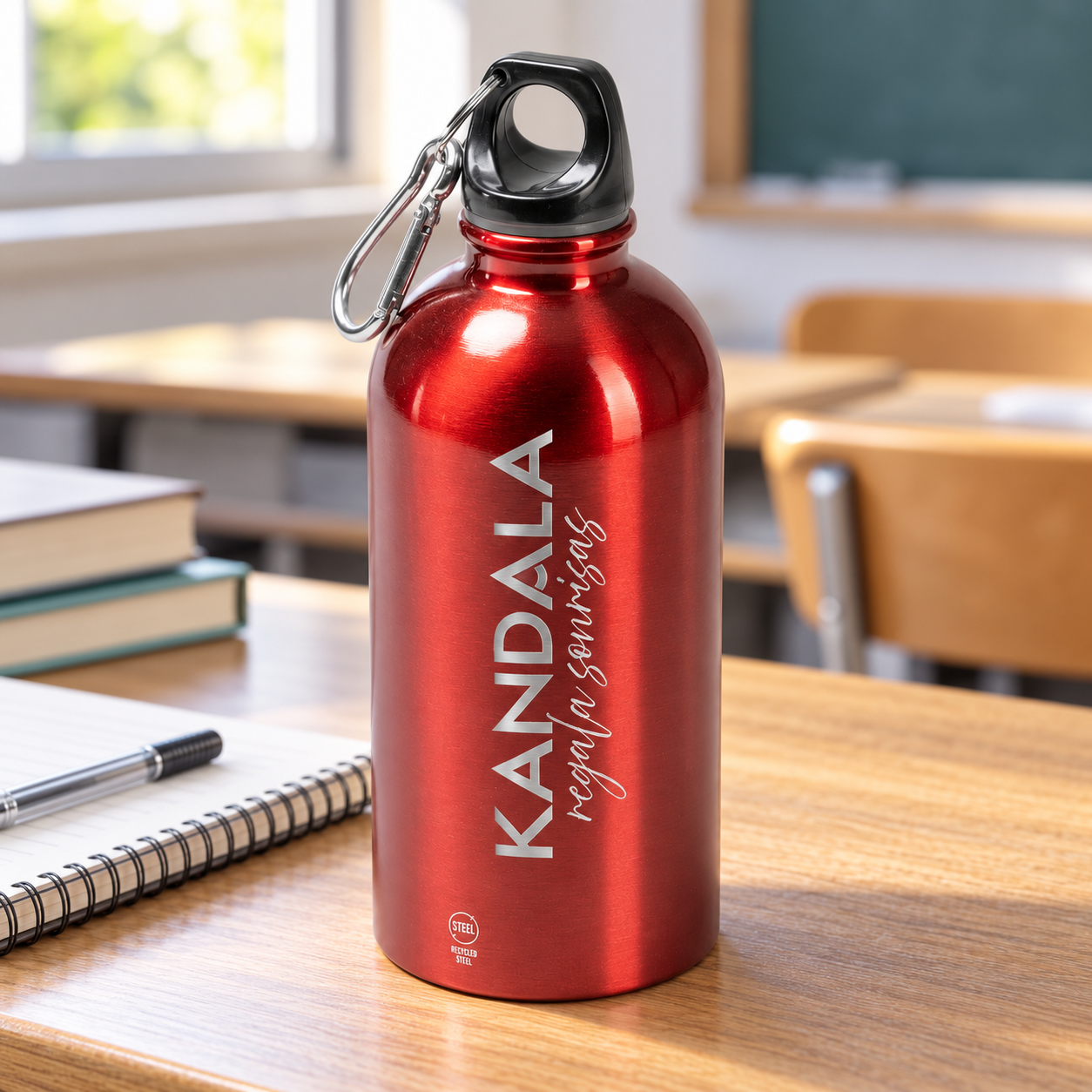Bidón de acero inoxidable 500 ml personalizado con el logotipo de Kandala grabado en vertical en una mesa de aula.