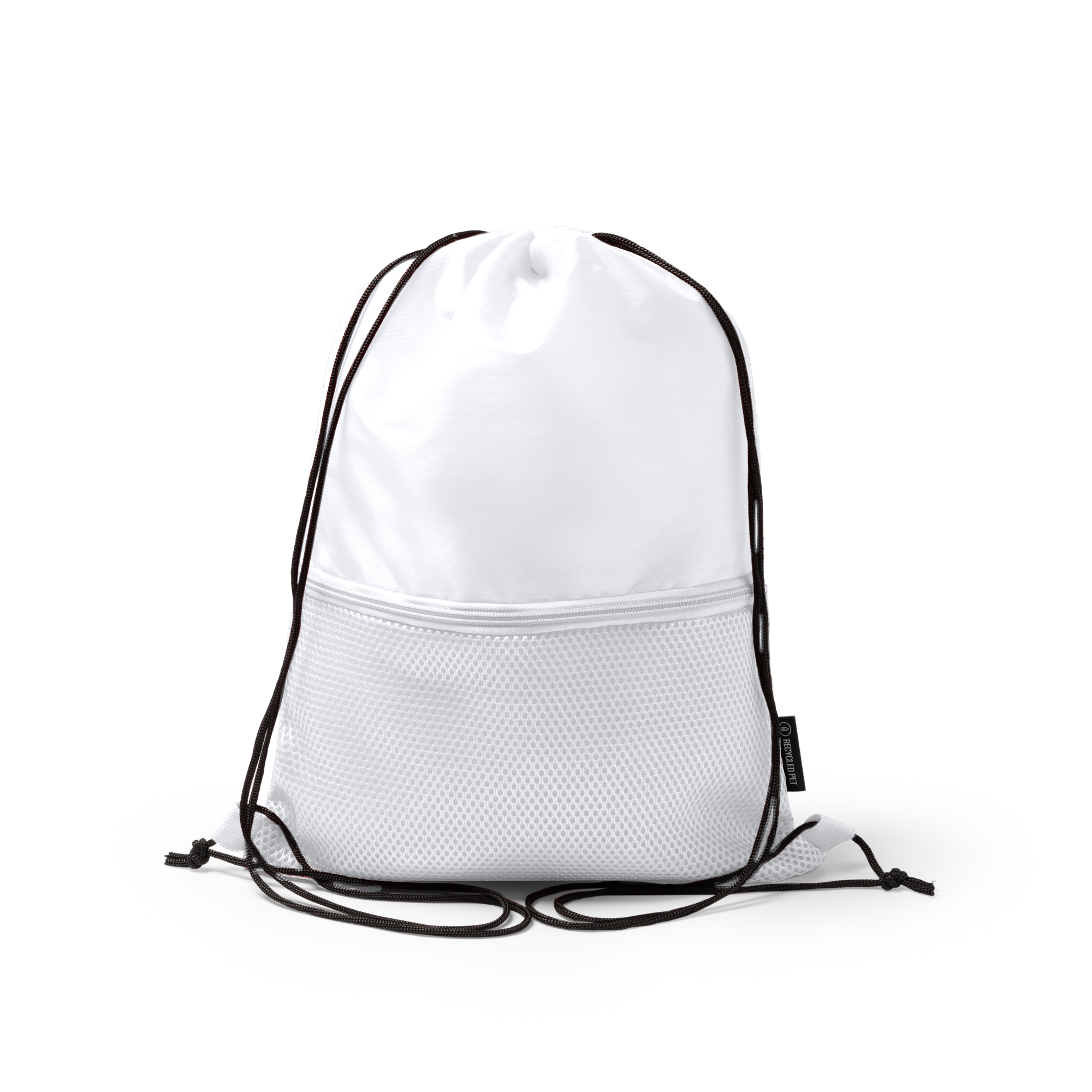 Mochila de cuerdas de RPET con bolsillo personalizada en color blanco