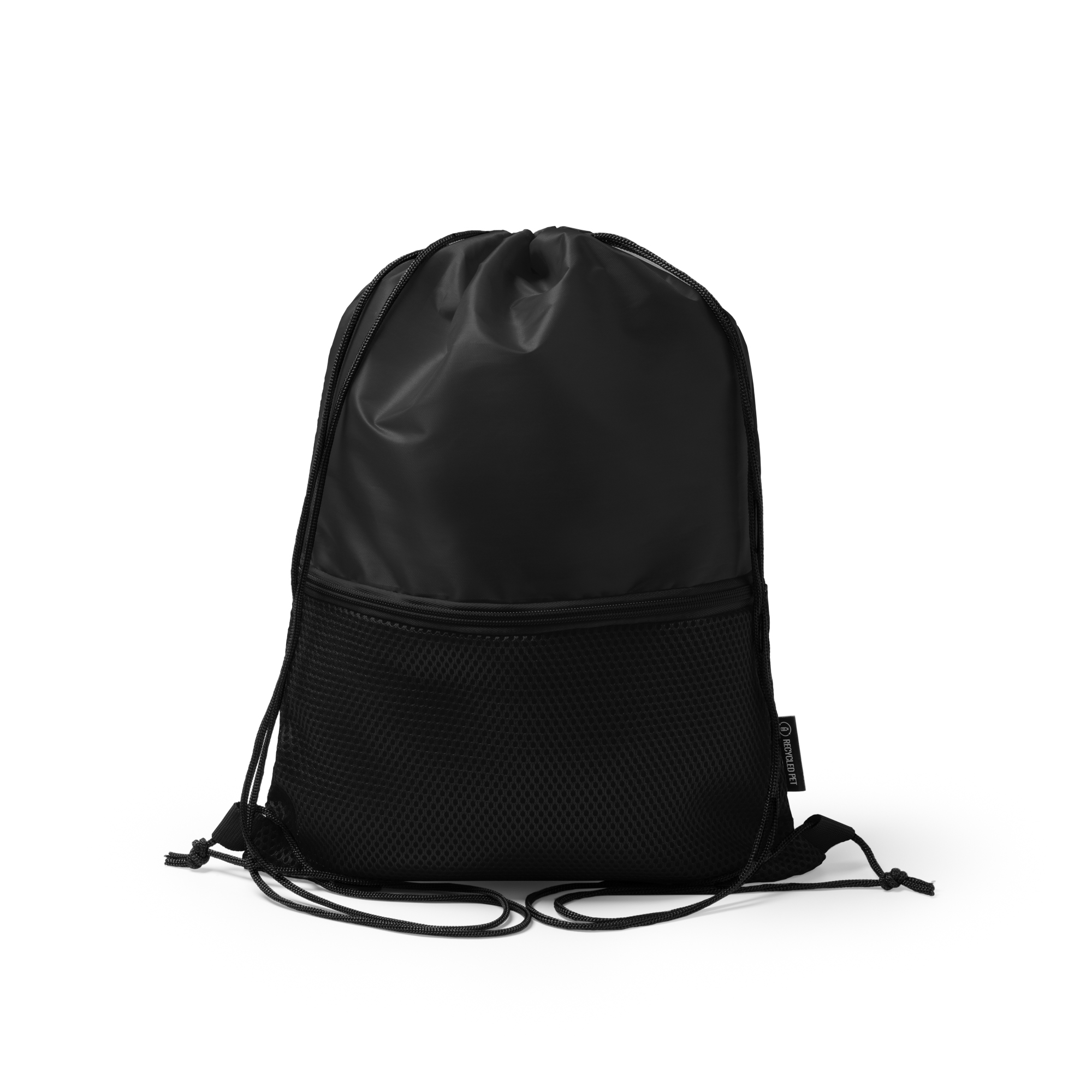 Mochila de cuerdas de RPET con bolsillo personalizada en color negro