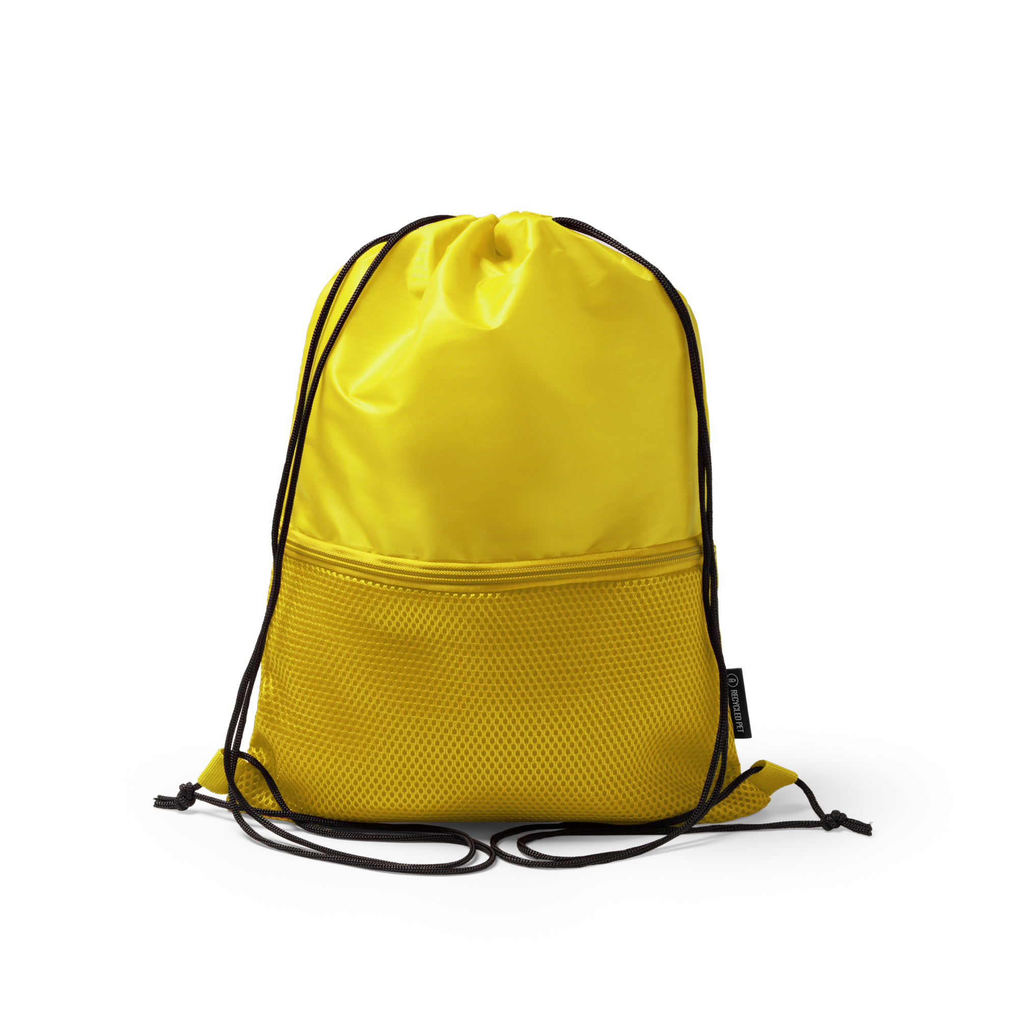 Mochila de cuerdas de RPET con bolsillo personalizada en color amarillo