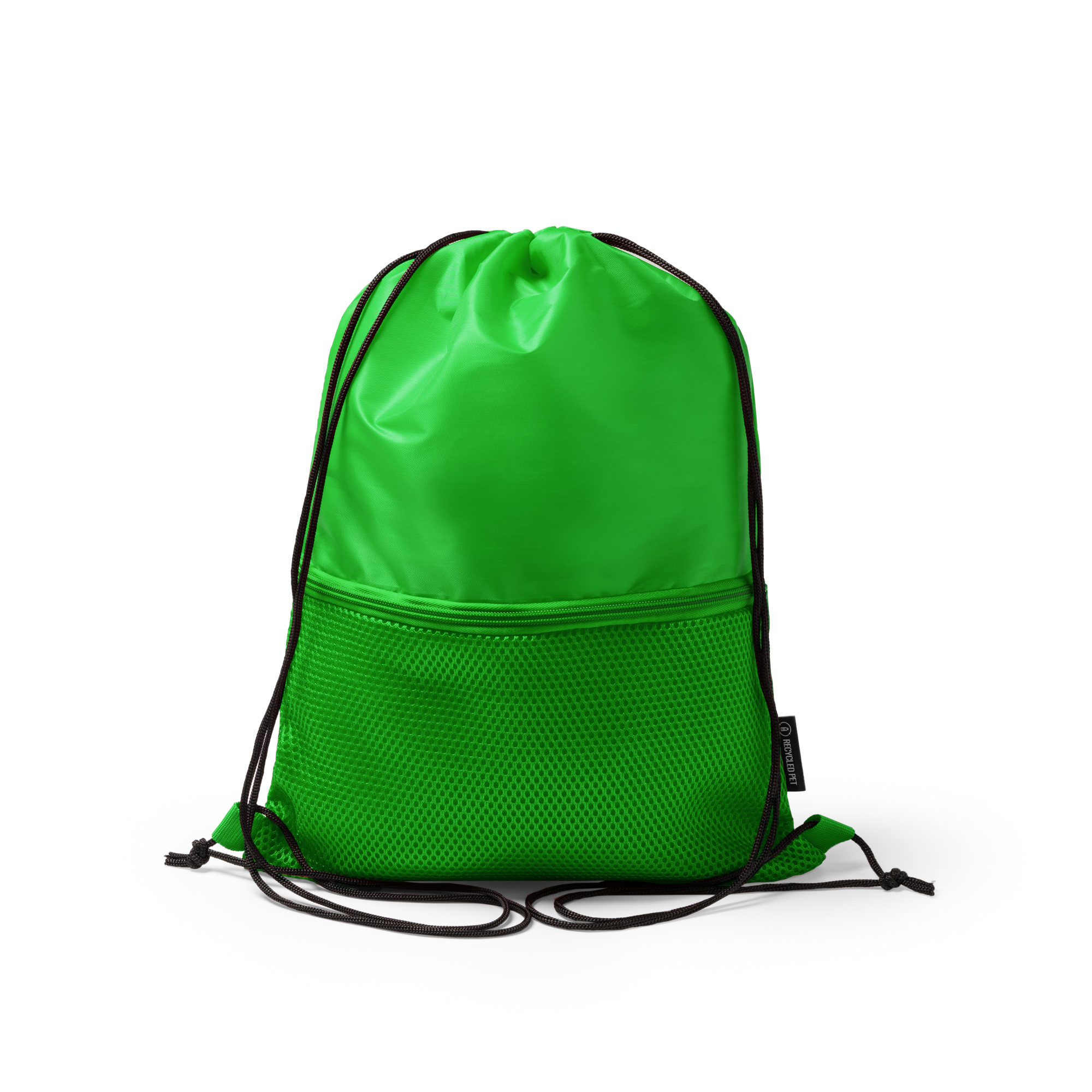 Mochila de cuerdas de RPET con bolsillo personalizada en color verde helecho