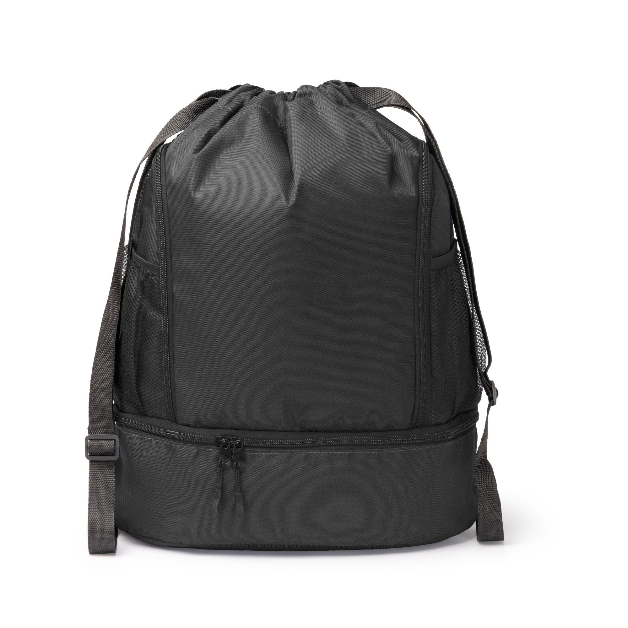 Mochila de cuerdas con bolsillos y zapatillero personalizada en color negro