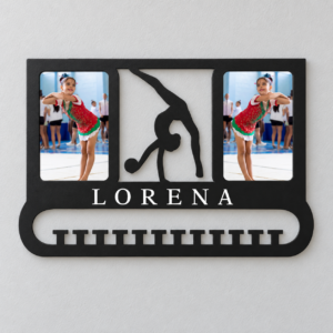 Ejemplo de medallero de gimnasia rítmica negro con nombre Lorena en blanco y dos marcos para fotos